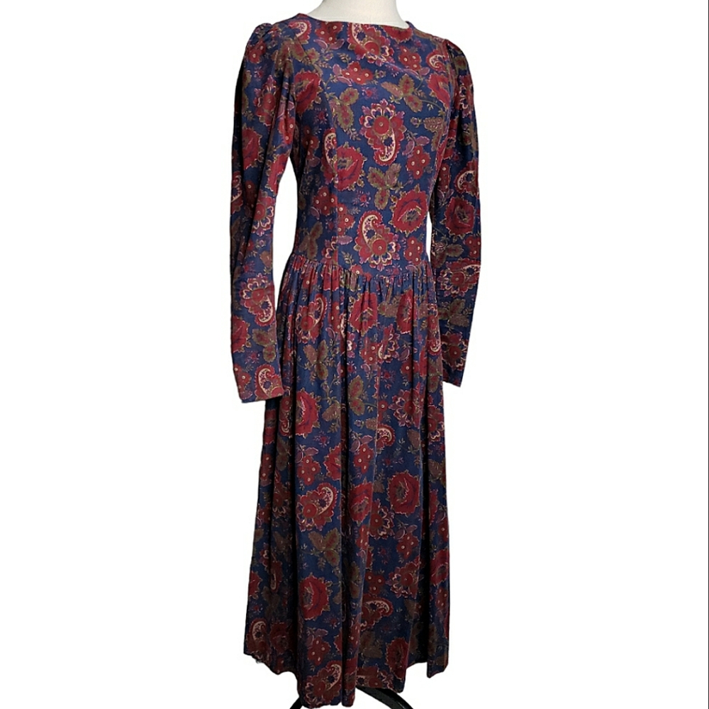 Vintage Laura Ashley Midi Dress Floral Paisley Corduroy Drop Waist Cottage s/m